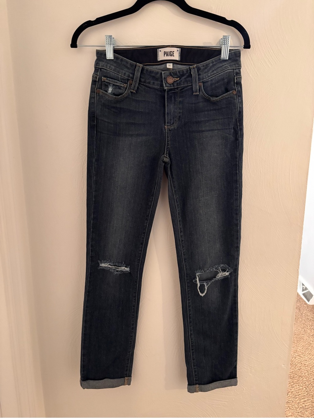 PAIGE Women's Dark Gray Distressed Boyfriend Jeans